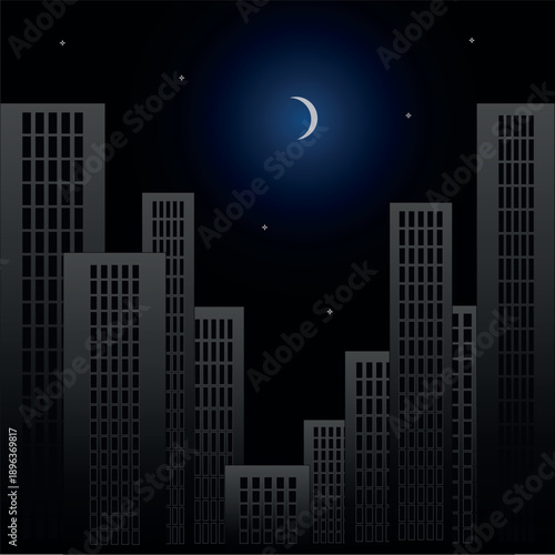 Night business Ukraine quarter in blackout with skyscrapers with a sky and moon in black white blue color