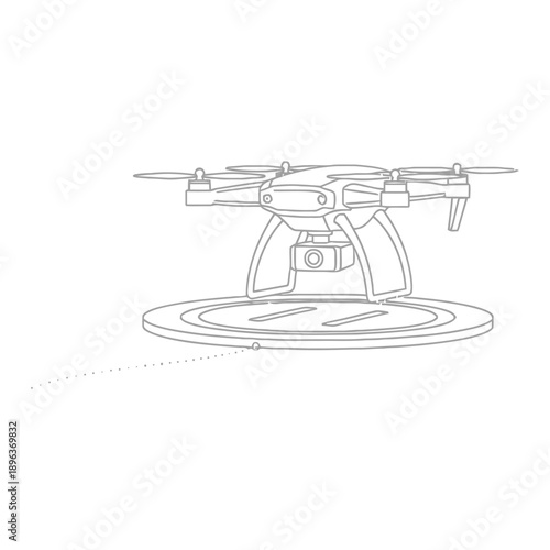 Drone with camera on charging dock sleek design technical drawing aerial technology modern innovation robotics flying machine