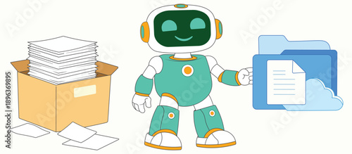 Friendly AI Robot Showing File Management Evolution from Paper Documents to Digital Files