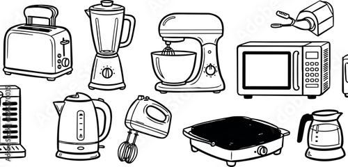 Black and white line art collection of various kitchen appliances including toaster blender mixer microwave coffee maker and hand mixer
