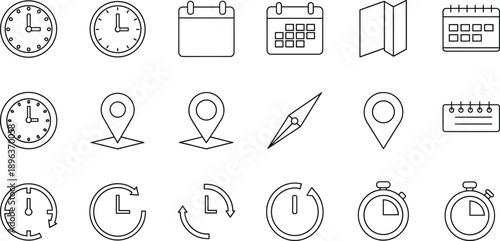 Outline interface icon set with clocks calendars maps location pins compasses timers and navigation symbols vector illustrations isolated