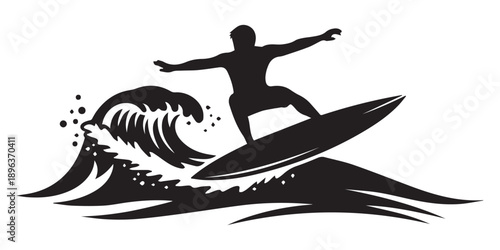 Dynamic Surfing Silhouettes Collection: Vector Set of Surfers Riding Waves and Paddling in Various Action Poses, Surfing vector icon black silhouette white background