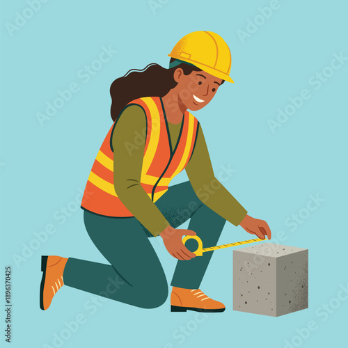 Woman Civil Engineer Measuring Concrete Foundation with Tape Measure. Professional engineer performing on-site measurements and quality inspection.