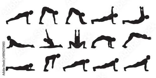 Collection of yoga and pilates poses silhouettes showing various stretching and balancing exercises for flexibility and wellness
