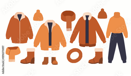 Cute cozy autumn clothes vector illustration set with warm jackets boots scarves and fall accessories