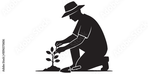 Gardening worker silhouette icons featuring landscaping activities. Professional black solid vector set for garden maintenance, lawn care services, and outdoor branding,pro