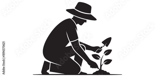 Gardening worker silhouette icons featuring landscaping activities. Professional black solid vector set for garden maintenance, lawn care services, and outdoor branding,pro