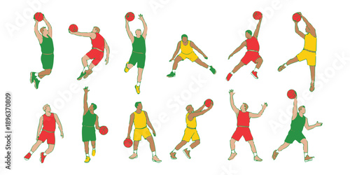 Set of basketball player characters in various poses for action and dynamic movement isolated on a transparent background, vector illustration