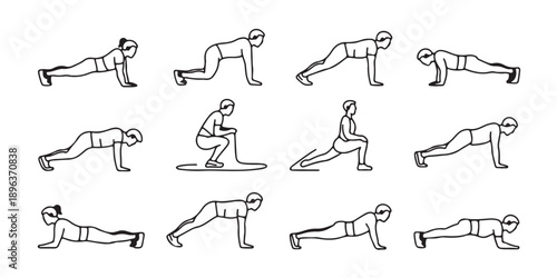 Fundamental bodyweight exercise silhouettes depicting various plank variations pushups lunges and kneeling poses essential elements of core strength and full body conditioning routines