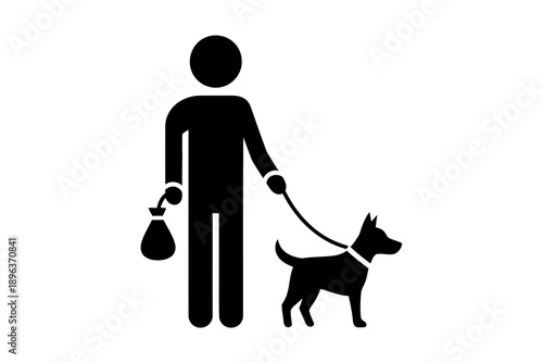 A black silhouette of a person walking a dog on a leash with a poop bag