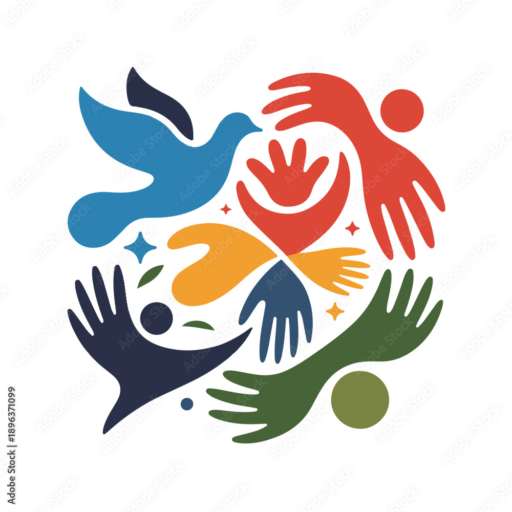 Obraz premium Abstract vibrant collage of colorful human hands and doves symbolizing freedom peace hope and collective harmony in motion