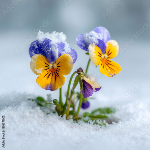 Wallpaper Mural Purple and yellow pansy flowers blooming through snow in early spring Torontodigital.ca