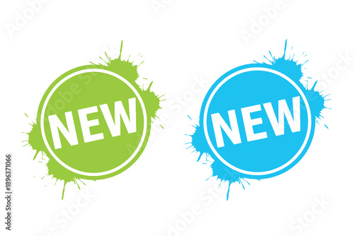 Green and blue new labels with white text on splattered paint background