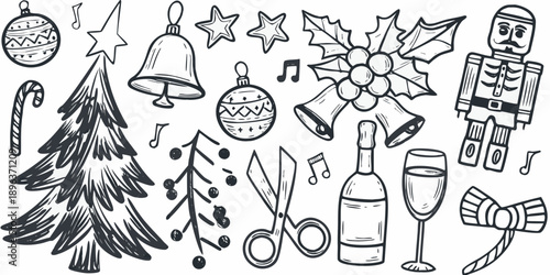 A charming doodle illustration of various festive christmas decorations and elements