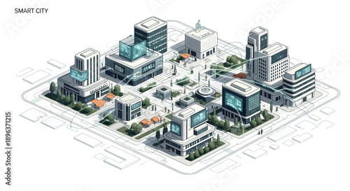 Illustration of a futuristic smart city with modern buildings, green spaces, and advanced technology, showcasing a concept of sustainable urban development.