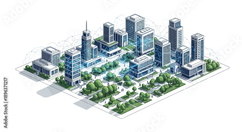 An isometric illustration of a futuristic smart city with green spaces and modern buildings, showcasing a concept for sustainable urban development and technology integration.