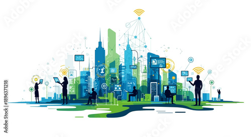 Illustration of a futuristic smart city with green buildings and technology integration, showcasing a person and abstract design elements in a vector art style with a focus on