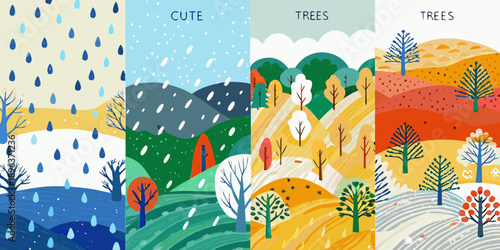 Four seasonal vertical panels depicting weather and landscape elements