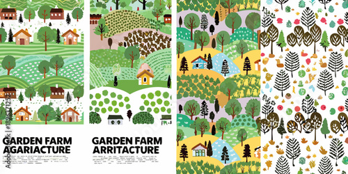 Charming illustrated countryside scenes with houses trees and rolling green hills