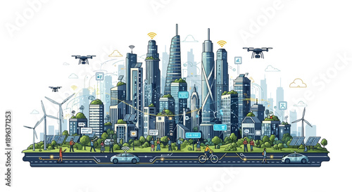 Illustration of a futuristic smart city with greening and green buildings, featuring a person, drones, and wind turbines, representing the housing industry and technology for a sustainable
