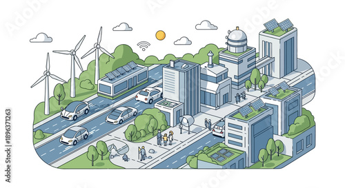 Illustration of a futuristic smart city with green buildings, wind turbines, and a busy road, symbolizing a sustainable urban ecosystem with a blend of technology and eco-friendly design.