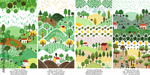 Four seasonal landscape illustrations depicting charming countryside scenes and homes