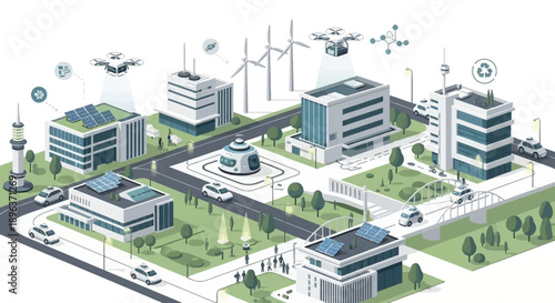 Illustration of a futuristic smart city with green buildings, drone, and technology, depicting a smart society concept with a focus on sustainable urban planning and eco-friendly