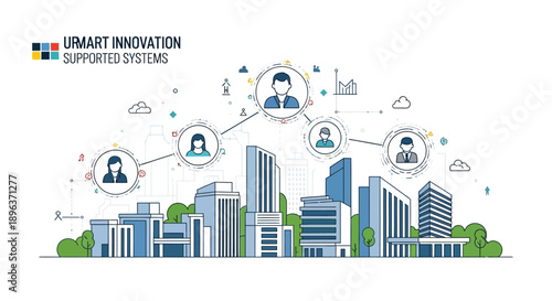Illustration of a smart city concept with people connected through technology and green spaces, showcasing future urban design and innovation in housing and industry.
