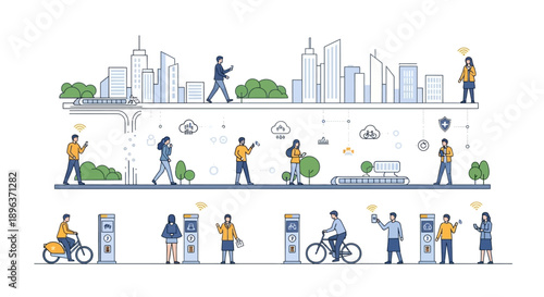 Illustration of a smart city concept with people engaging in various activities, incorporating green technology and sustainable living in a futuristic urban setting with a focus on the