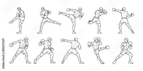 Set of boxer characters in various fighting poses showing different punches and kicks with strong body movements isolated