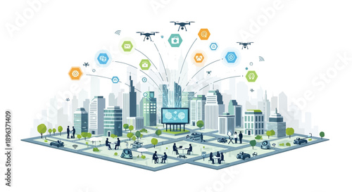Illustration of a futuristic smart city concept with a drone, buildings, and greening technology, showcasing a sustainable urban design and integration.