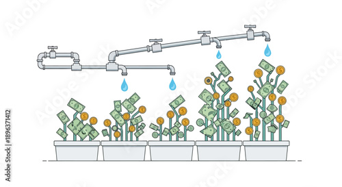 Growing Money Tree Concept: Financial Investment, Passive Income Streams, and Wealth Cultivation. Watering business revenue illustration.