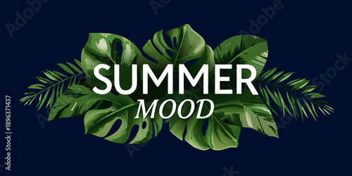 Tropical leaves frame the word summer mood in a vibrant design