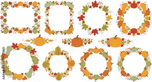 Autumn wreath and frame collection with pumpkins leaves gourds and harvest decorations fall vector illustrations isolated