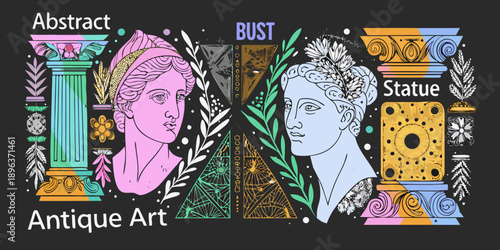 Colorful abstract composition featuring classical busts and architectural elements