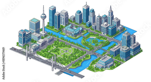 Isometric illustration of a futuristic smart city with green spaces, buildings, and technology integration, showcasing a sustainable urban design concept.