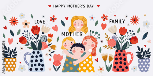 A heartwarming mother s day illustration with flowers hearts and a loving embrace
