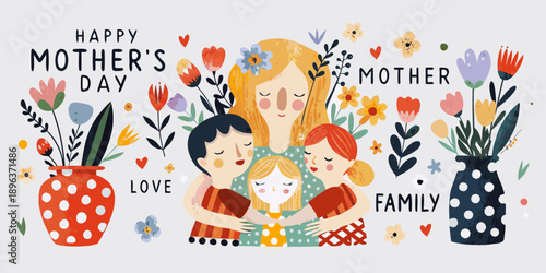 A heartwarming illustration of a family celebrating mother s day with flowers
