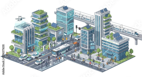 Illustration of a futuristic smart city with green buildings, featuring a drone, under a concept of sustainable urban development and technology integration.