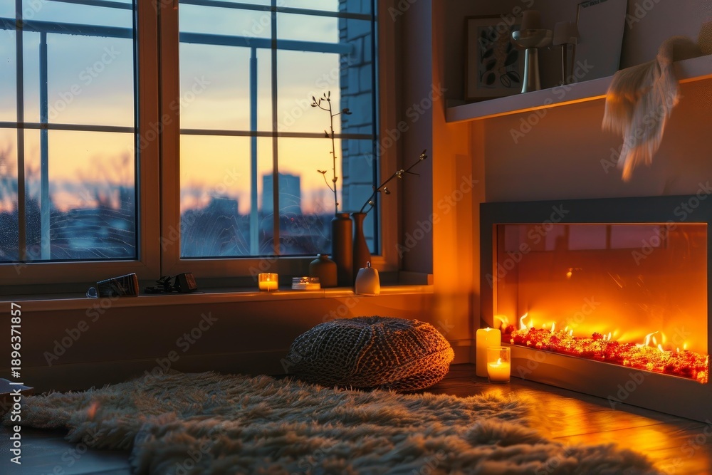 Fototapeta premium Warm and inviting home interior at dusk, featuring a burning fireplace, lit candles, and a cozy rug by the window