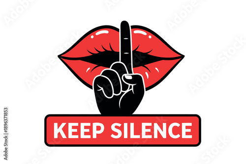 A graphic illustration of red lips and a hand with finger up and keep silence text