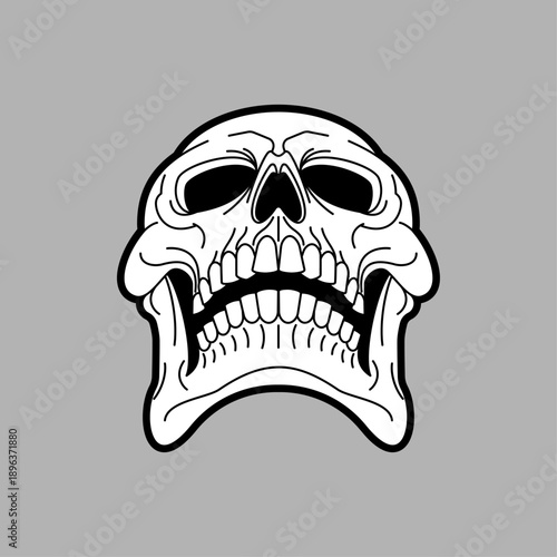 Anatomical illustration of a human skull seen from a bottom view perspective. Detailed study of the cranium base, jaw, and teeth for medical, artistic, or gothic design