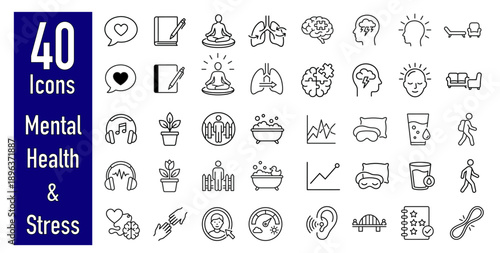 Mental health and stress icons for wellness and therapy resources