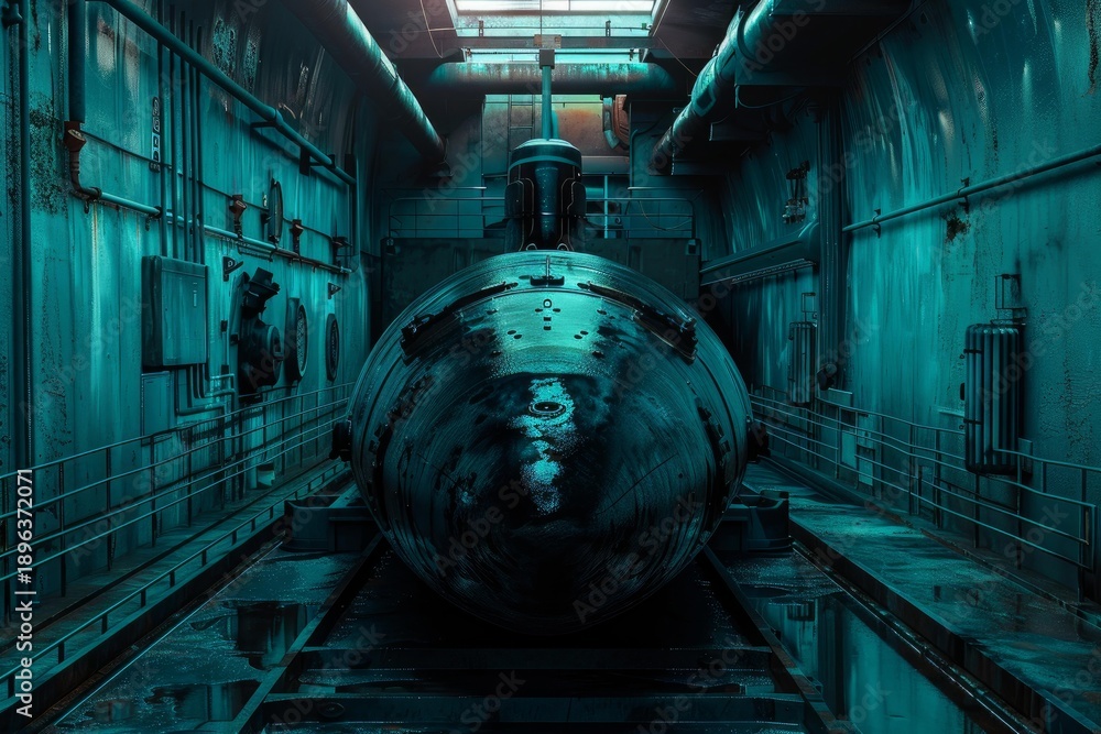 Fototapeta premium Front view of a submarine undergoing maintenance in a dry dock, showcasing its intricate details and industrial environment