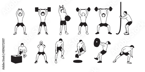 Set of male characters doing various strength training and fitness exercises with weights and equipment isolated on transparent