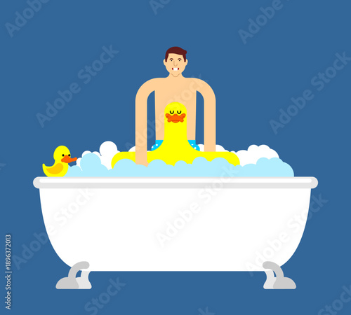 man with yellow glasses relaxing in a white bathtub filled with bubbles. Concept of personal hygiene, self-care, and evening relaxation.