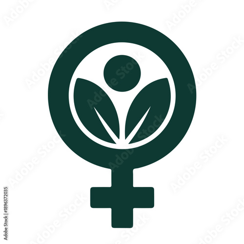 Ecofeminism symbol combining female gender sign with plant leaves inside a circle representing woman empowerment in environmental movement and sustainable lifestyle