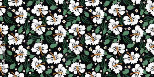 Tropical hibiscus pattern. tropical floral pattern blooms motif, Hibiscus flower design. Summer fabric patterns for Hawaiian shirts. botanical motifs floral hibiscus design. exotic white on black.