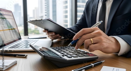 Accounting and Financial Planning: Businessman using calculator with clipboard and laptop in office, tax return calculation, bookkeeping and corporate investment concept