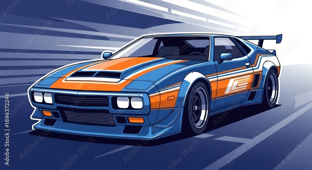 Fototapeta premium Sporty blue and orange car illustration with racing stripes and wing